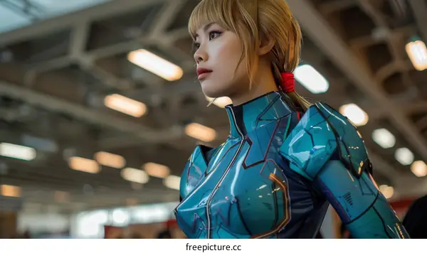 Portrait of a young woman in a blue bodysuit