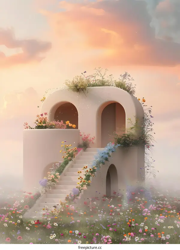 Abstract Flower Archway with Stairs and Sunset Sky