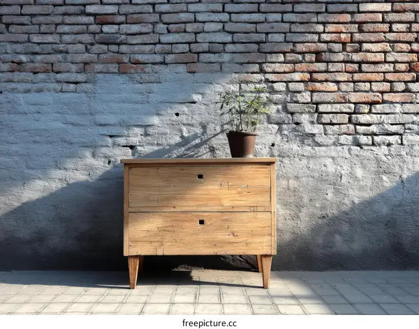 Rustic Wooden Chest of Drawers Against a Brick Wall