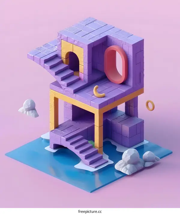 Abstract 3D Illustration of a Purple Building with Stairs and a Pink Door