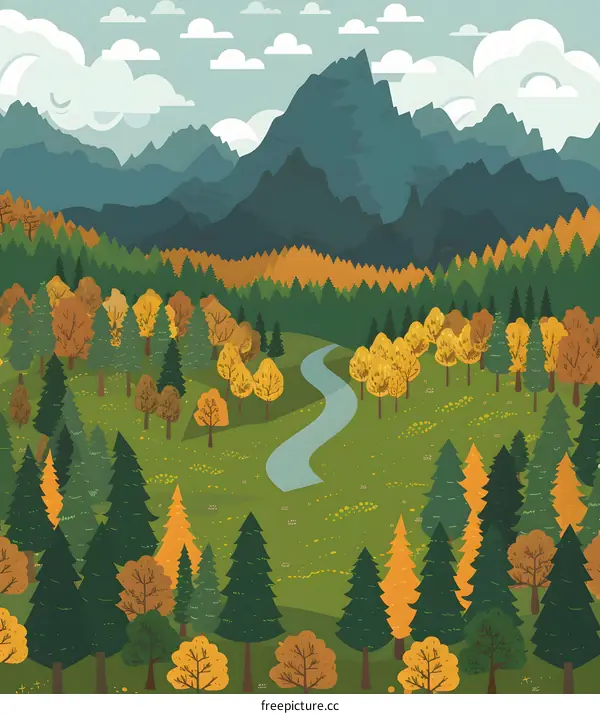 Autumn Forest Landscape With Winding River And Mountains