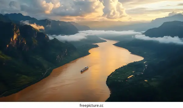 Aerial View of a River Winding Through Mountains at Sunset