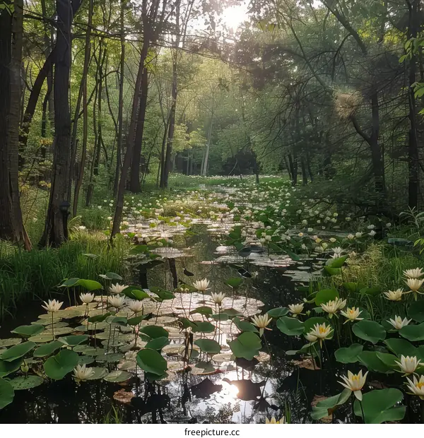Mystical Forest Pond with Glowing White Water Lilies
