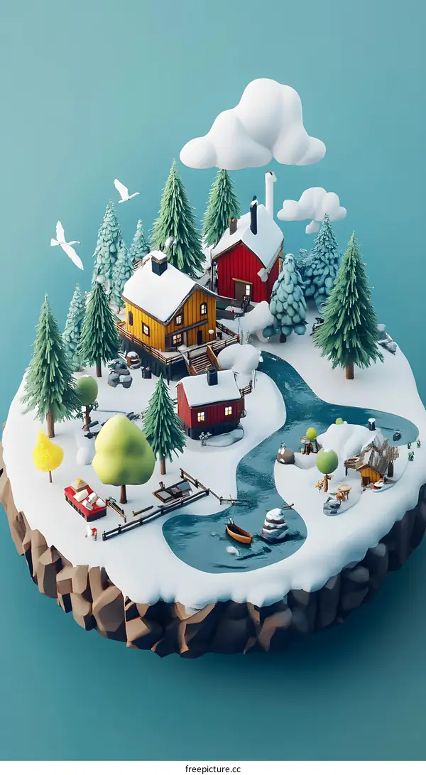 Winter Wonderland Village with Houses, Trees, and a Frozen Lake