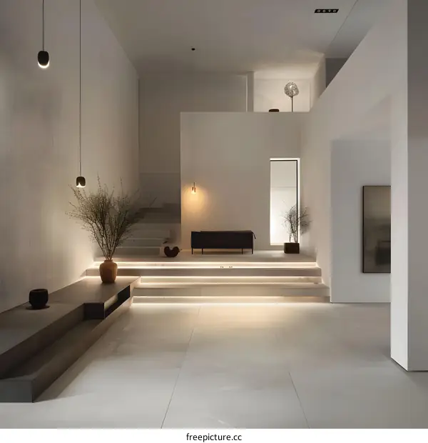 Modern Minimalist Interior Design with White Walls and Wooden Stairs