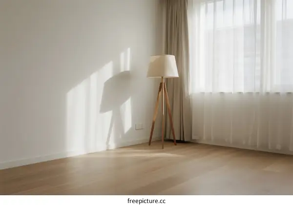 Bright and empty room with wooden floor and floor lamp