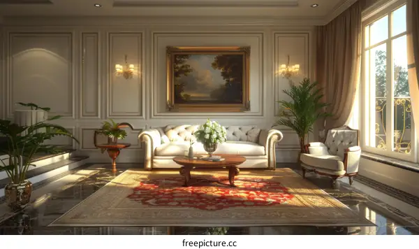 Classic Living Room Interior Design With White Sofa and Red Rug