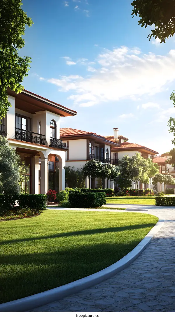 Modern  Luxury  Homes  with  Green  Grass  and  Cobblestone  Path