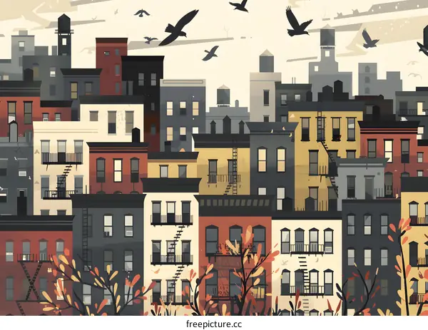 Cityscape Illustration with Birds Flying Over Buildings