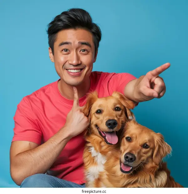 Asian man with two golden retrievers