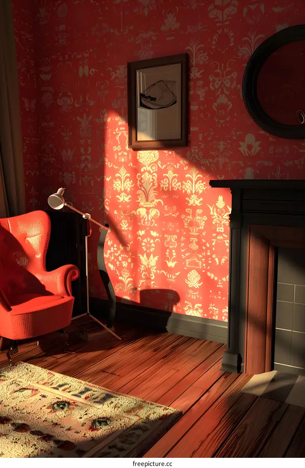 Red and Gold Patterned Wallpaper in a Room with a Fireplace