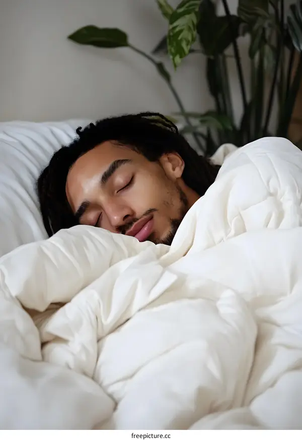 Man Sleeping in Bed with White Bedding