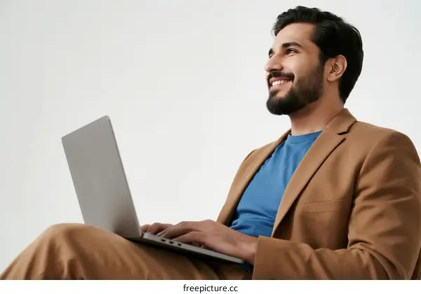 A man sitting with a laptop looking happy and engaged
