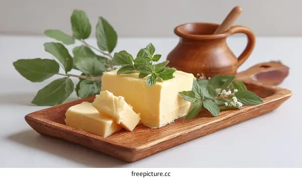 Fresh Butter with Herbs on Wooden Board
