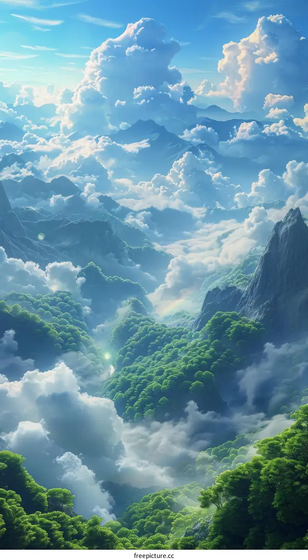 Majestic Mountain Scenery with Fluffy Clouds