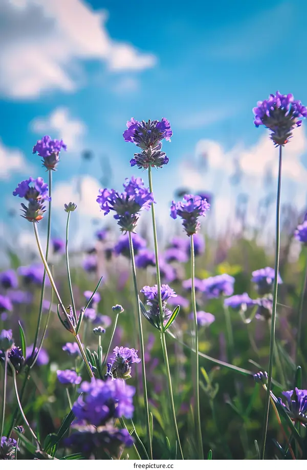 Purple Flowers Field Under Blue Sky