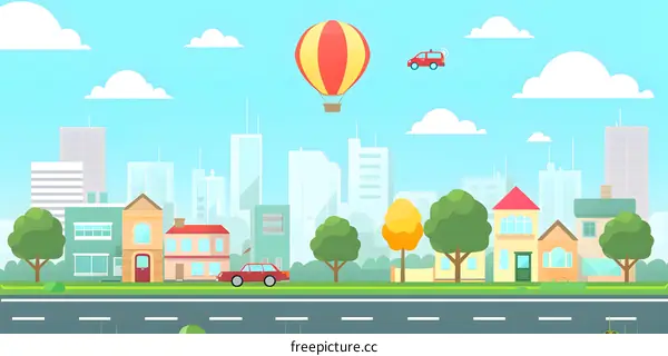 Cartoon Cityscape With Hot Air Balloon