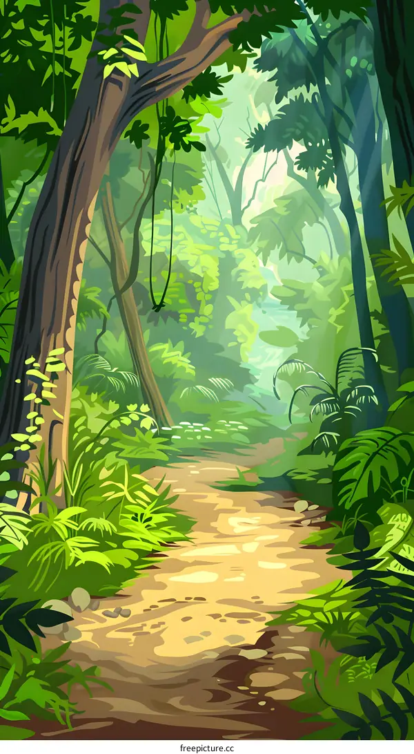 Green Jungle Path with Lush Foliage and Sunlight