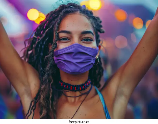 Close-up portrait of a young woman with purple mask at a festival