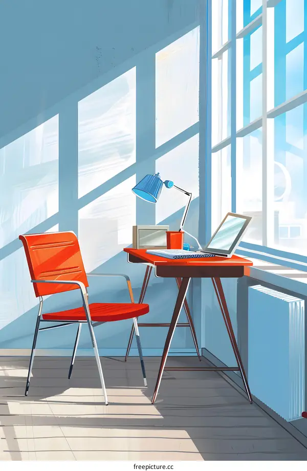Red Chair and Desk in a Modern Room with Sunlight