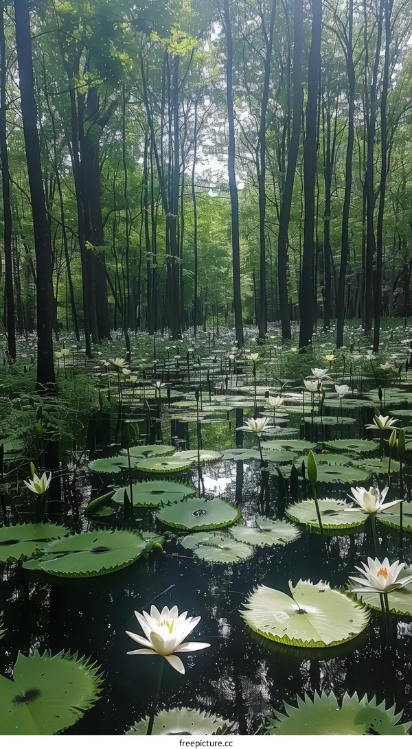 White Water Lilies in a Dark Forest Swamp
