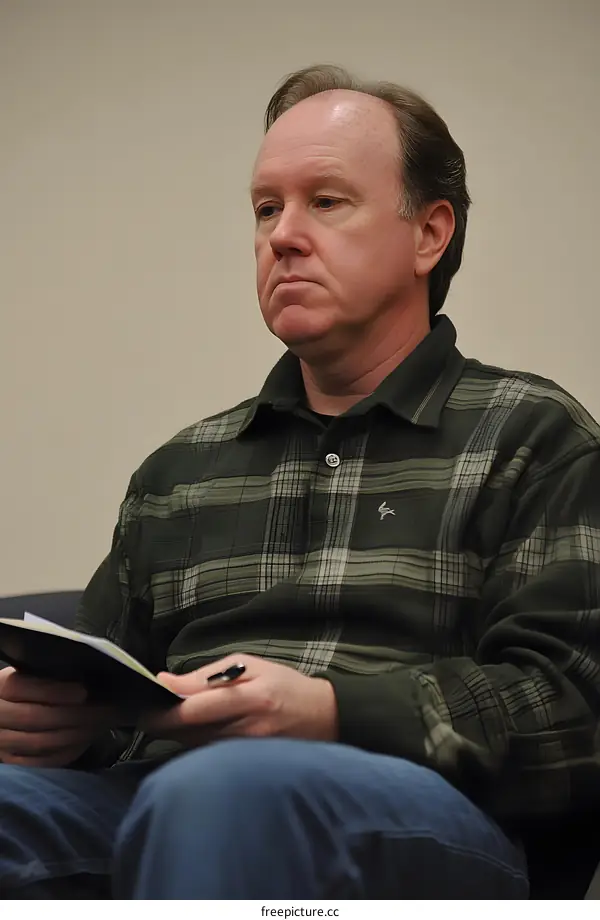 Man in Plaid Shirt Sitting in a Chair Looking Down