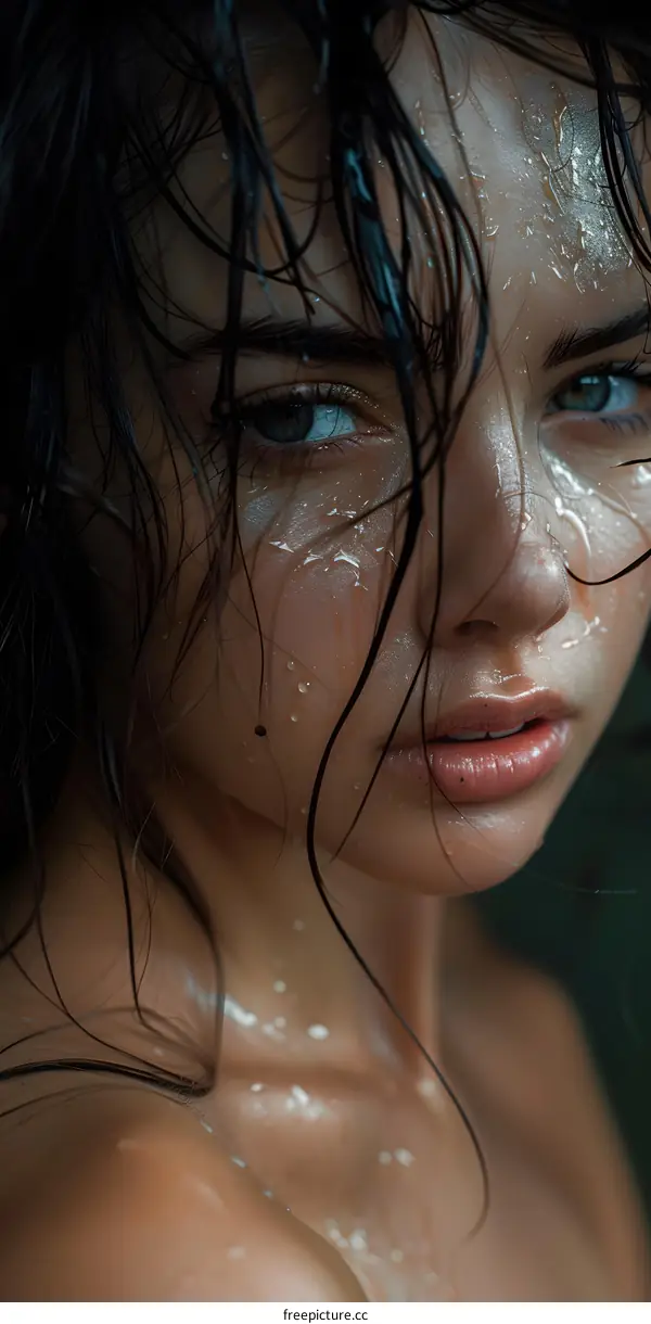 Close-up portrait of a young woman with wet hair and water droplets on her face