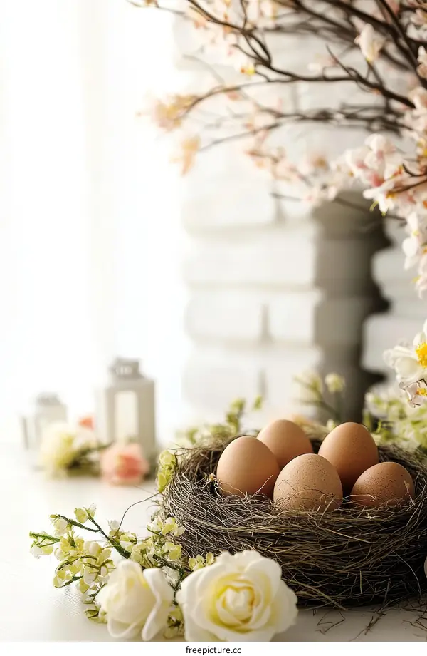 Spring Easter Nest with Eggs and Flowers
