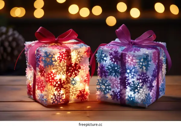 Two beautifully wrapped presents with snowflakes and ribbons sit on a wooden table against a backdrop of twinkling lights.
