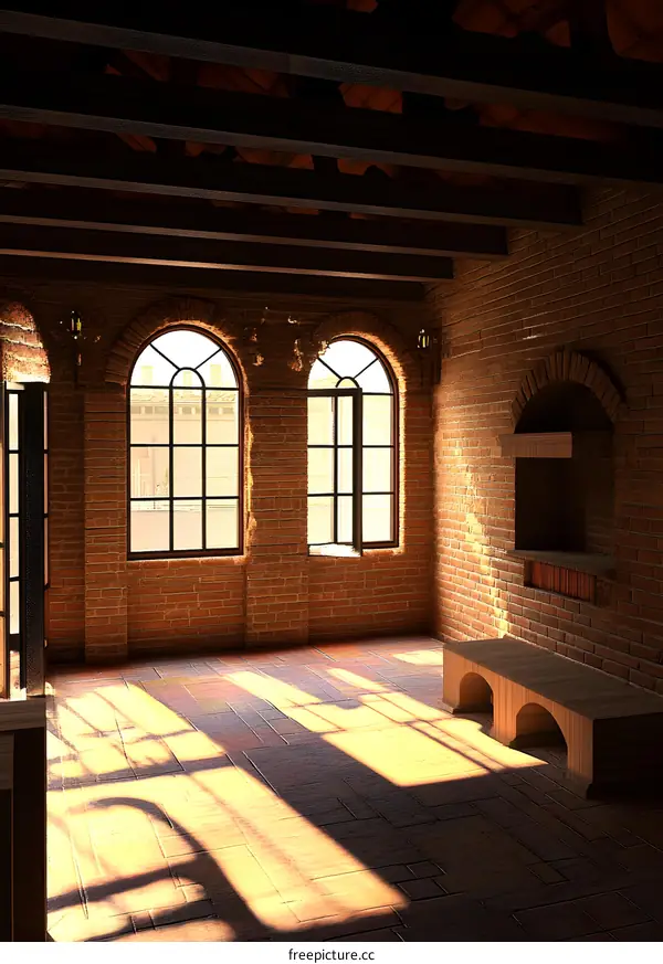 Empty Room With Brick Walls And Wooden Beams