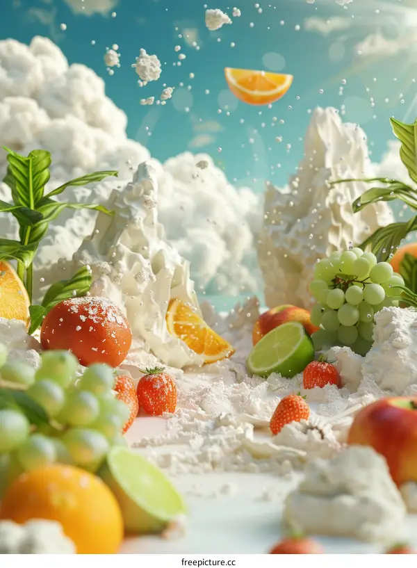 Whimsical Fruit Wonderland with Yogurt Clouds and Sea