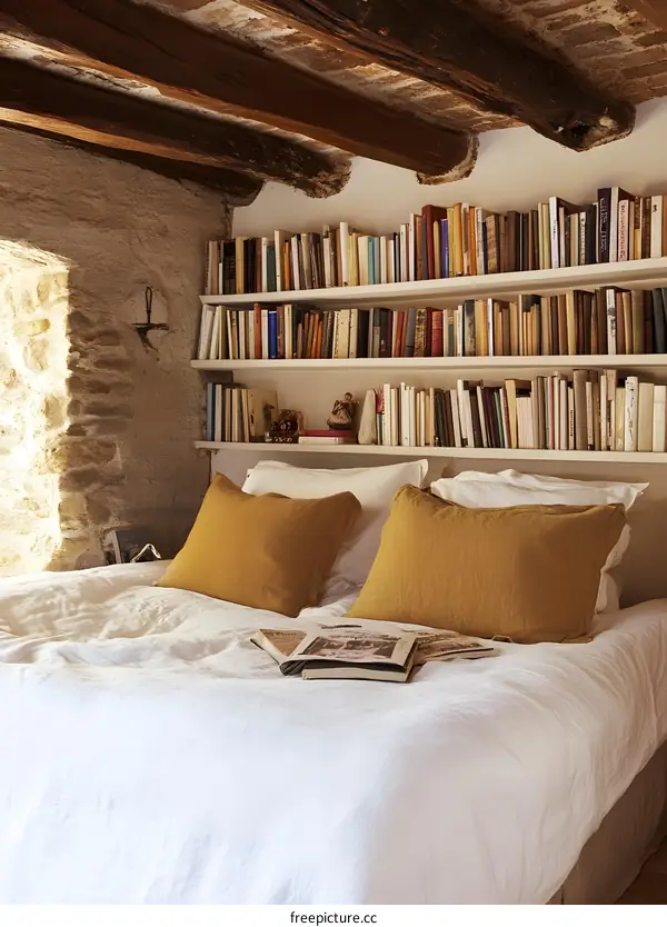 Rustic Bedroom With Bookshelves And White Bedding