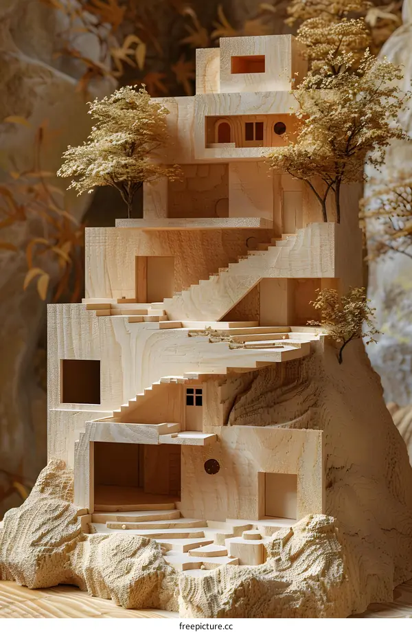 Wooden Model of a Modern House with Trees