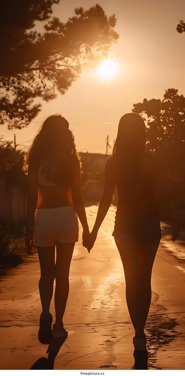 Two Female Friends Walking Hand In Hand At Sunset