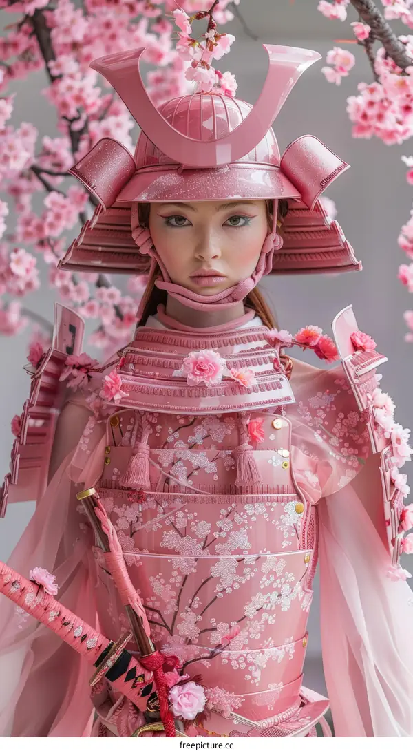 Asian Girl in Pink Samurai Armor with Cherry Blossoms