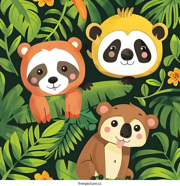 Cute Cartoon Pandas in the Jungle