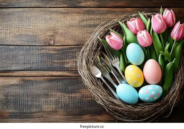 Easter Eggs Nest Decor with Flowers and Cutlery