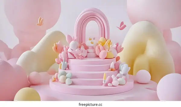 Pastel Rainbow Cake with Flowers and Eggs Illustration
