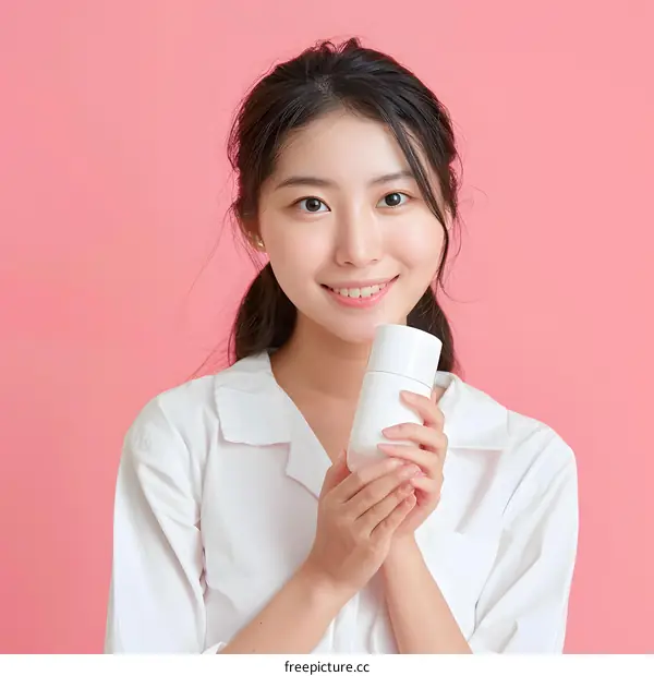 Young Asian Woman Holding a Bottle of Lotion Against a Pink Background