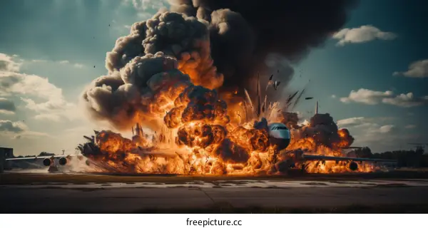 A plane explodes on the runway with huge fireball and black smoke