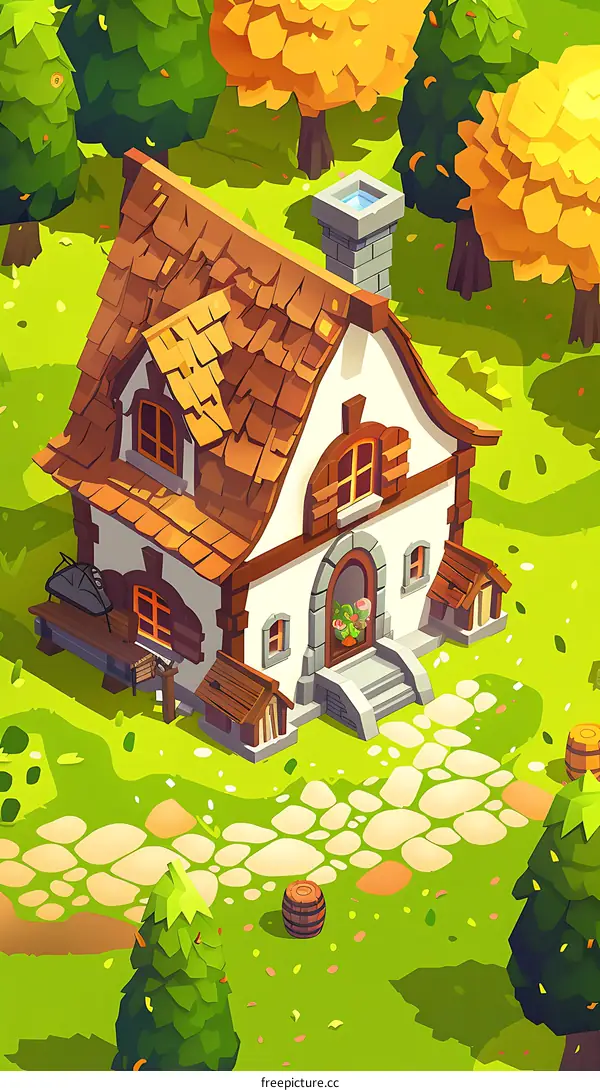 Cartoon illustration of a small house with a brown roof in a green forest