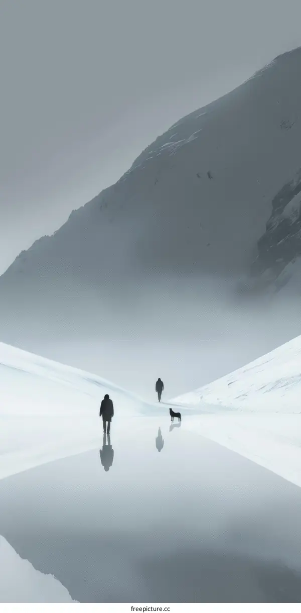 Two Hikers and Dog Walking in Snowy Winter Landscape