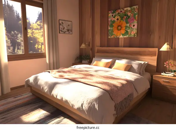 Cozy Bedroom With Wooden Walls and Floral Artwork