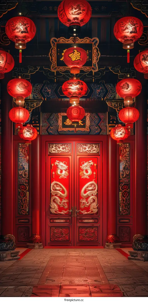 Chinese Style Red Doorway with Lanterns