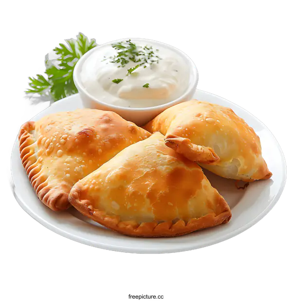 [Transparent Background PNG]Delicious Fried Empanadas with Dipping Sauce