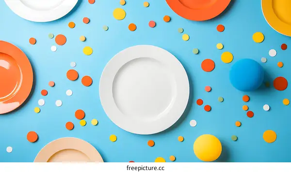 Colorful Plates and Confetti on Blue Background