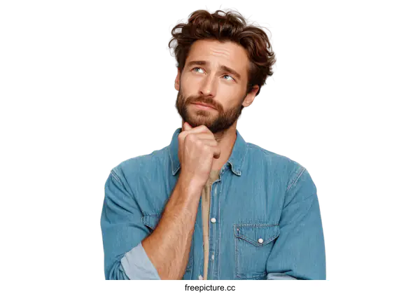 [Transparent Background PNG]A young man with curly hair and beard looks thoughtful