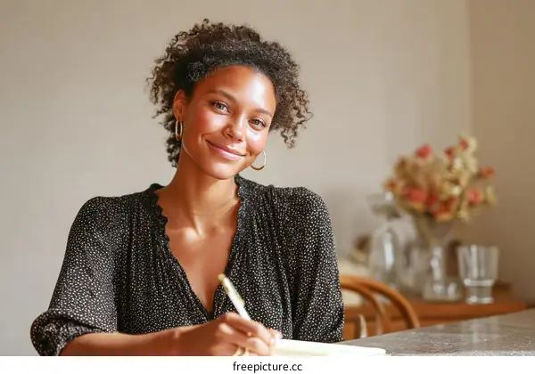 Smiling Woman Writing in a Notebook