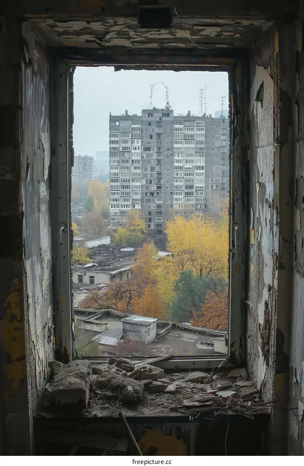 A view of an abandoned apartment building in Pripyat, Ukraine