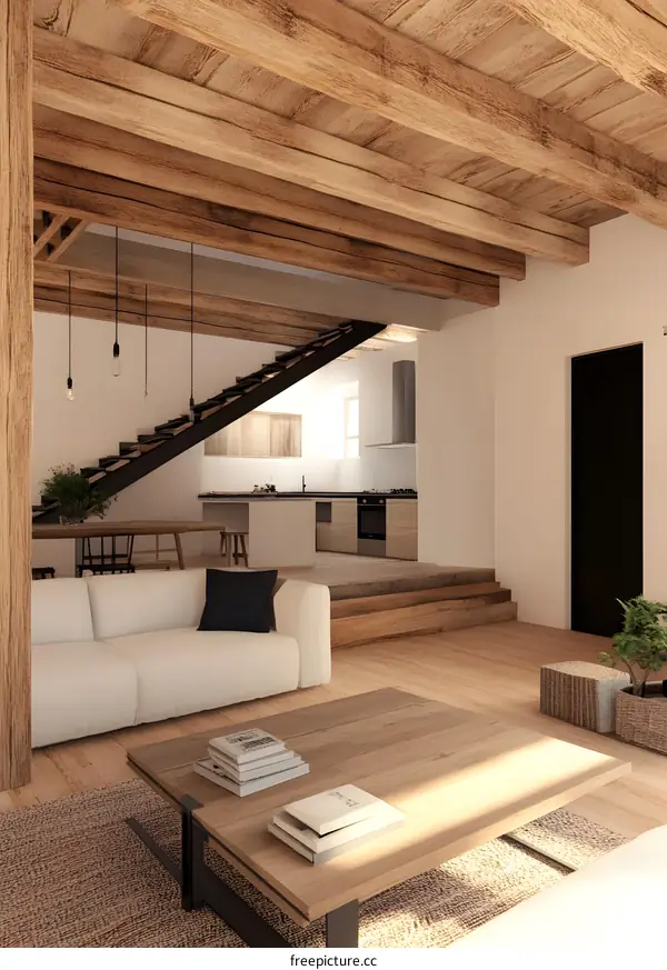 Modern Minimalist Living Room Interior Design with Wooden Beams and Exposed Ceiling
